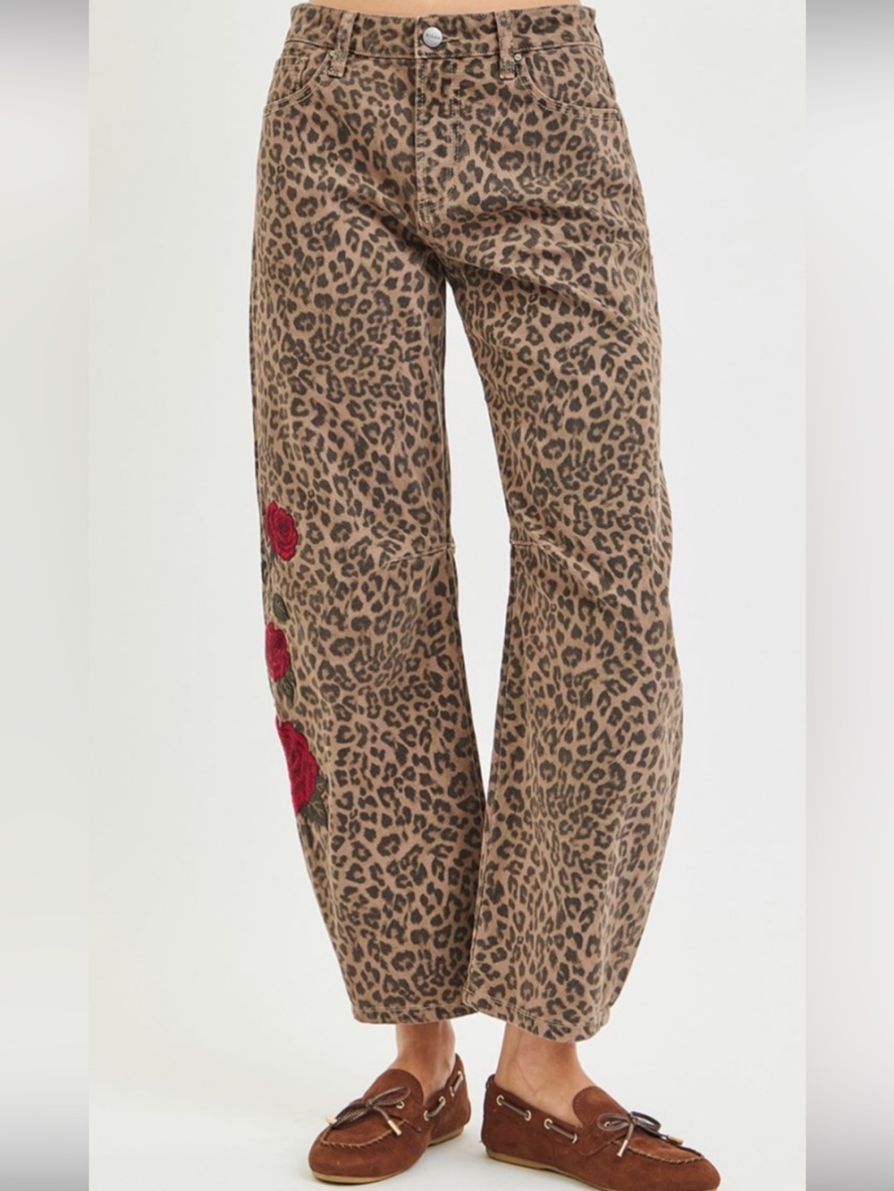 235 ❤️RISEN SLOUCHY BARREL ROSE EMBROIDERED LEOPARD PRINT PANTS